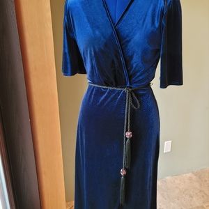 Midnight Blue Velvet Wrap Cinched Waist Dress with Tassel rope tie